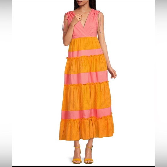 LDT Daphne Tie Shoulder Tiered Color Block Surplice V-Neck Drawstring Maxi Dress - Picture 1 of 11